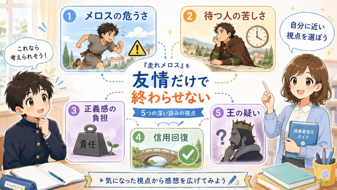 走れメロスの感想文を深める5つの視点を示した図解