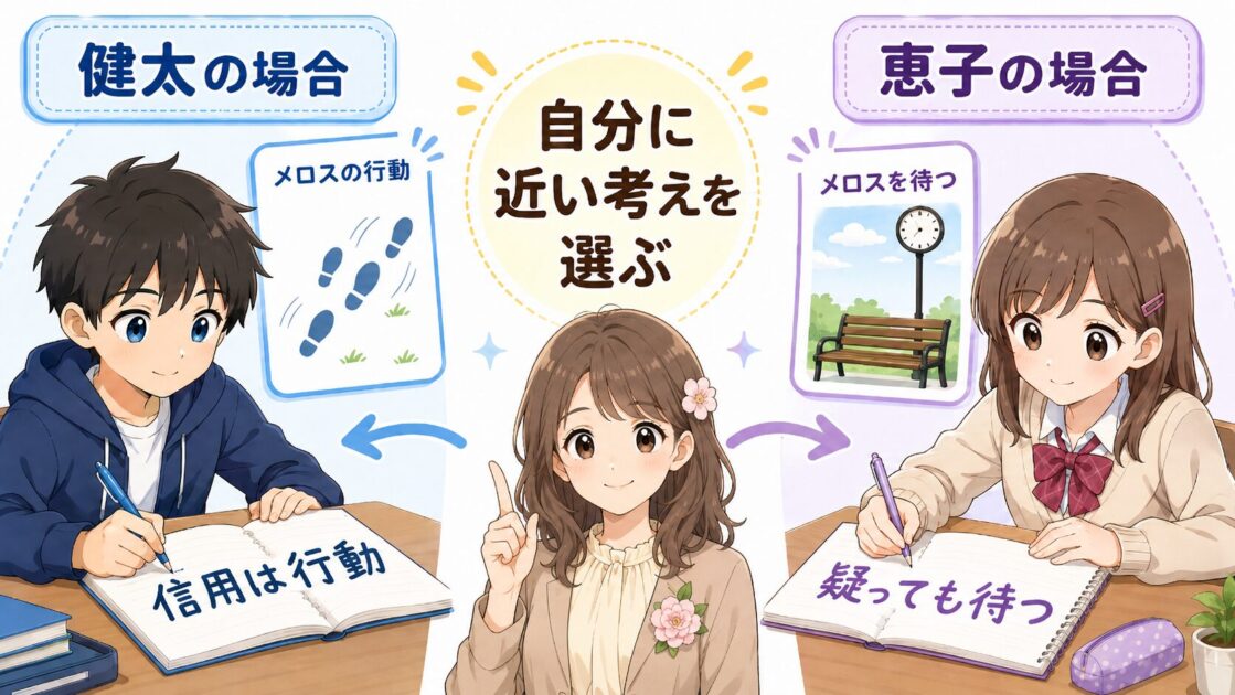 健太はメロスの行動から信用を考え恵子はセリヌンティウスの疑いから信頼を考える図解