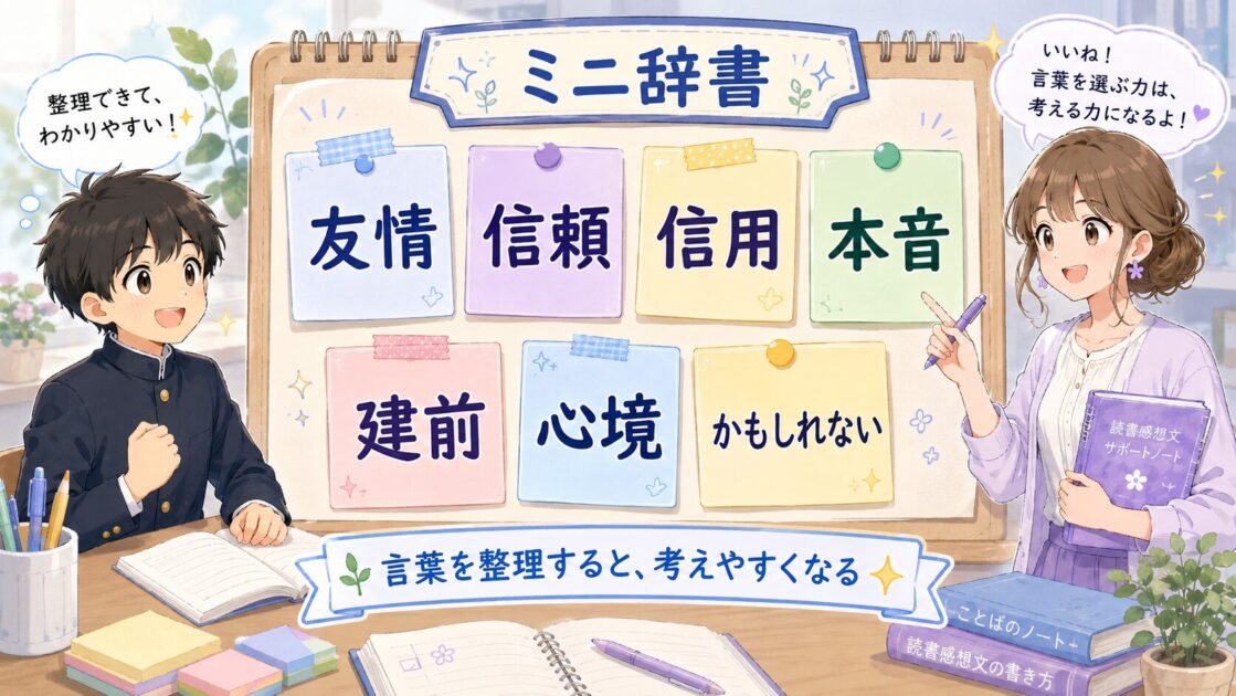 走れメロスの感想文で使う友情・信頼・信用・本音・建前のミニ辞書カード