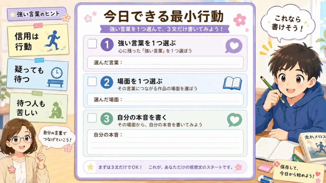 走れメロスの感想文で強い言葉を1つ選び場面と自分の本音につなげる最小行動シート