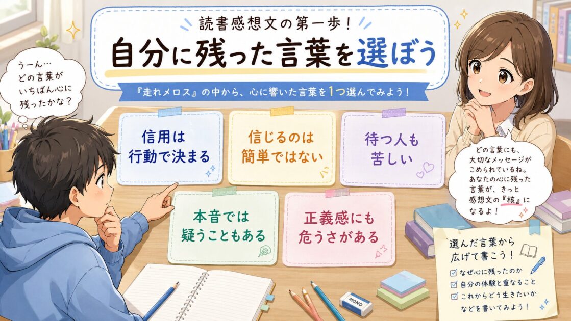 走れメロスの感想文で使える強い言葉カードを並べた図解