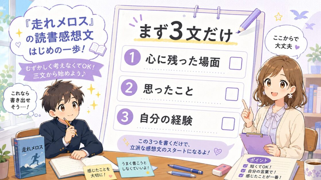 走れメロスの感想文で使いやすい友情・約束・行動の3テーマを示した図解