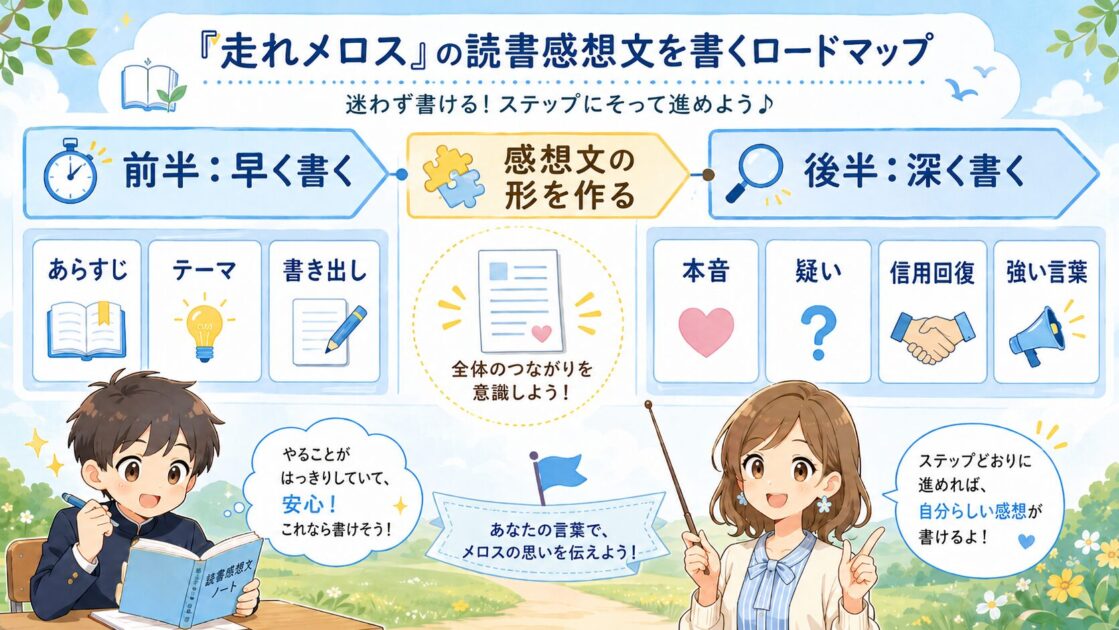 走れメロスの感想文を前半の基本編と後半の発展編に分けて考える流れ図