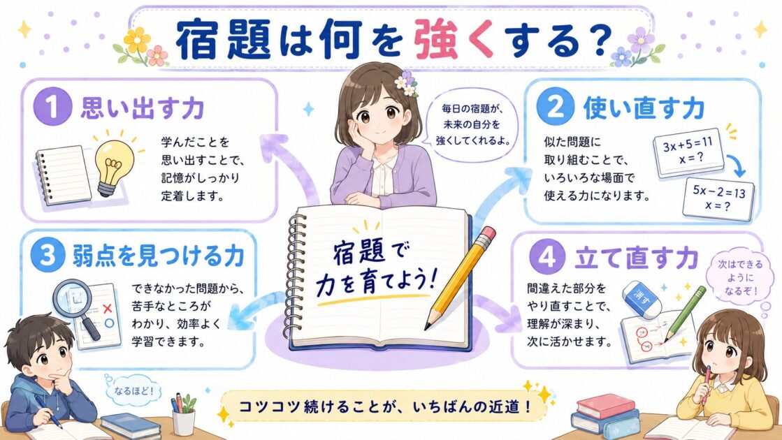 宿題で強くしたい思い出す力、使い直す力、弱点を見つける力、立て直す力を示した図