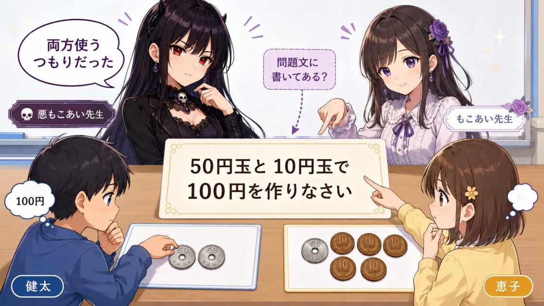 50円玉と10円玉で100円を作る問題で、両方使うという条件が書かれていないことを健太と恵子が確かめる場面