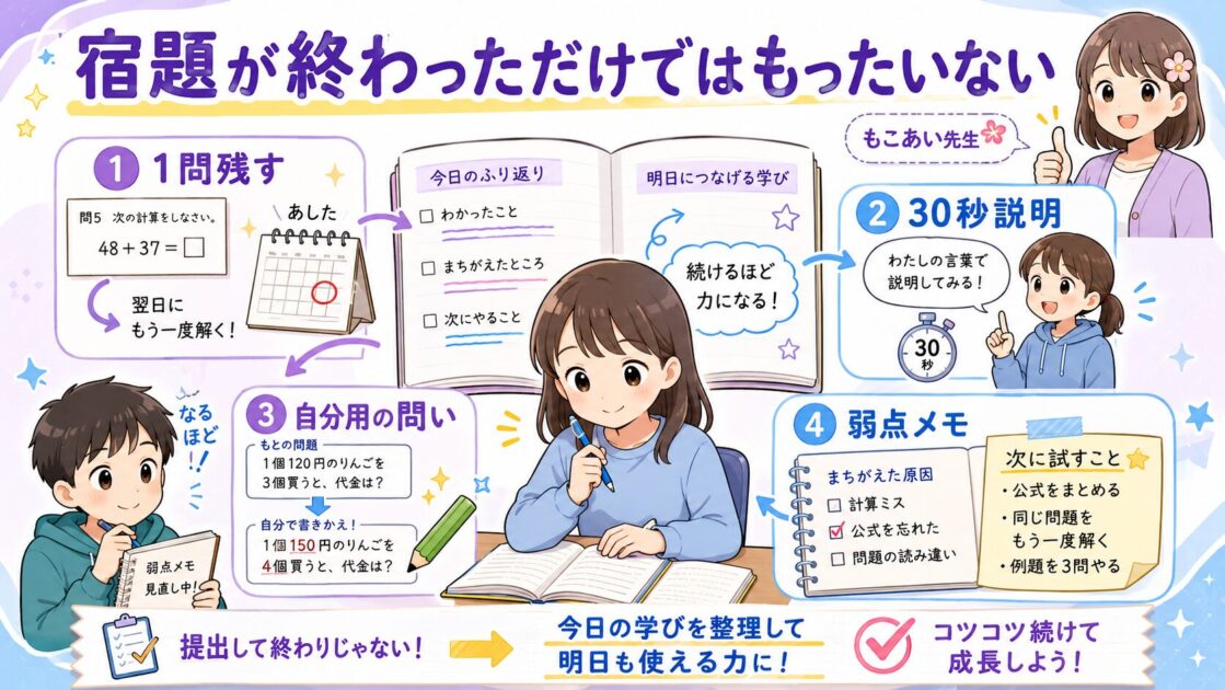 宿題を終えたあとに、1問残す、30秒で説明する、自分用の問いを作る、弱点メモを残す4つの工夫を示した図