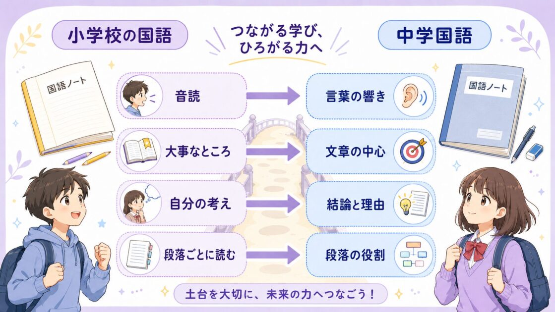 小学校国語で学んだ音読・要点・発表・段落読みが中学国語で深まる流れを示す図