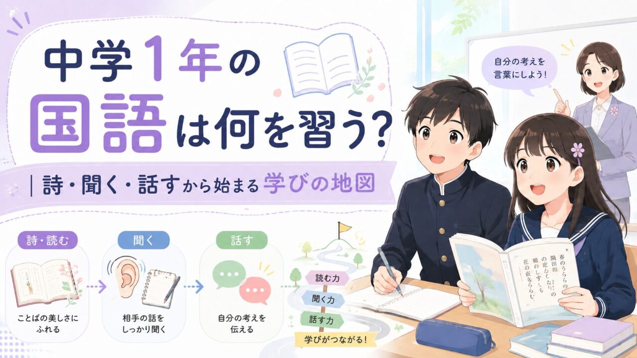 中学1年の国語で学ぶ詩・聞くこと・話すこと・物語文の入口を示すアイキャッチ画像