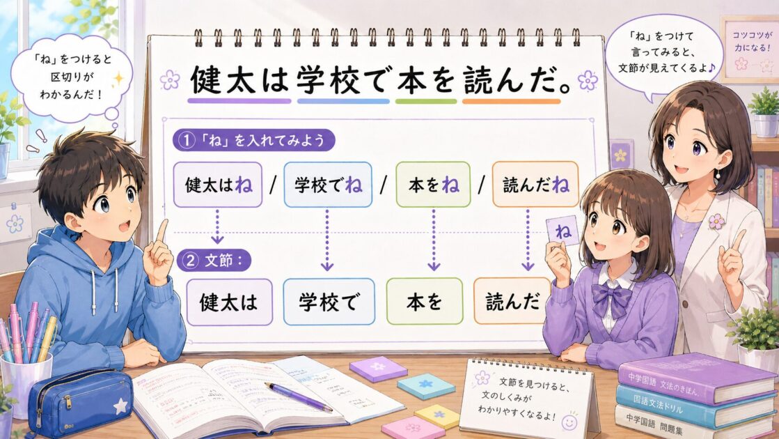 健太は学校で本を読んだに「ね」を入れて文節に分ける方法を示した図