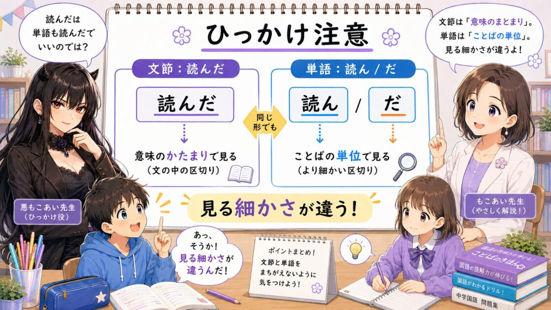 悪もこあい先生が文節と単語を混ぜてしまうひっかけを示し、もこあい先生が違いを説明する図