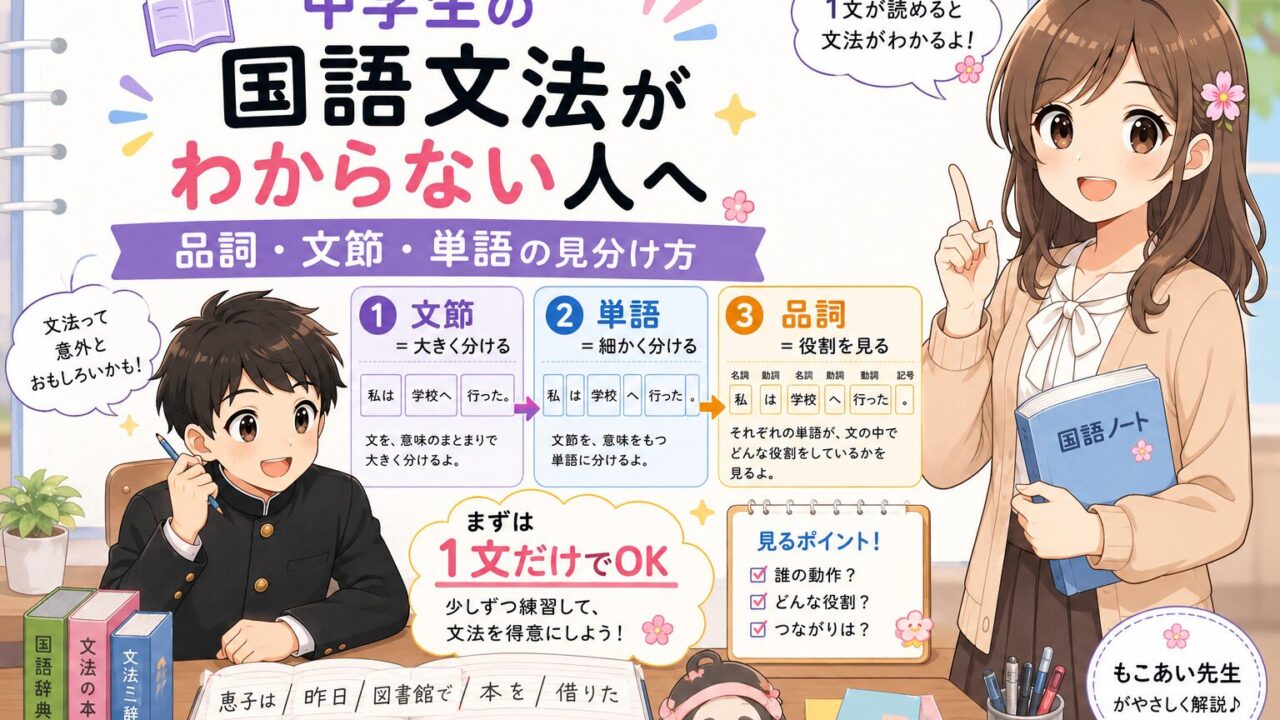 中学生向けに国語文法の品詞・文節・単語の見分け方を説明するアイキャッチ画像