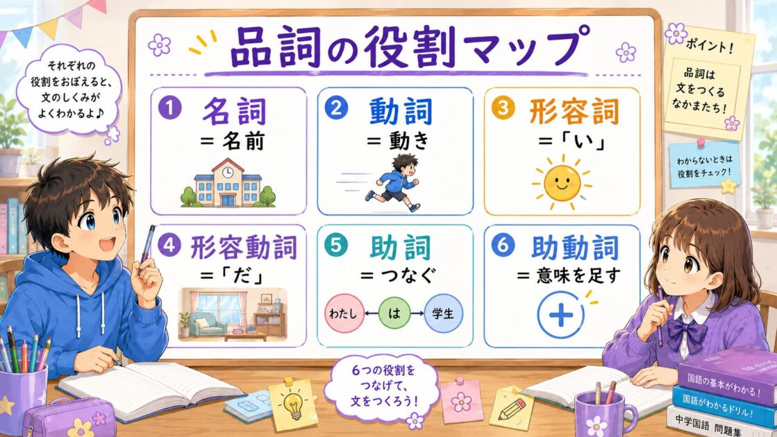 名詞・動詞・形容詞・形容動詞・助詞・助動詞の役割を中学生向けに整理した図