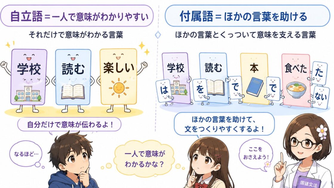 自立語と付属語の違いをそれだけで意味がわかる言葉とほかの言葉を助ける言葉として示した図