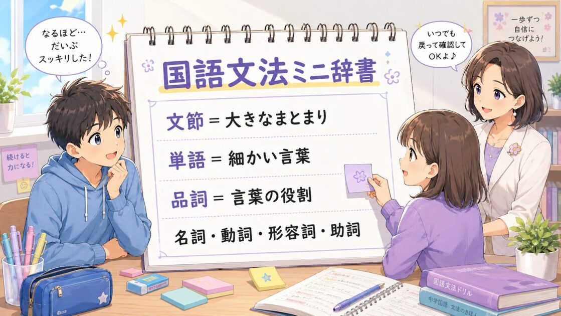 中学生向けに文節・単語・品詞・名詞・動詞・助詞などを整理した国語文法ミニ辞書
