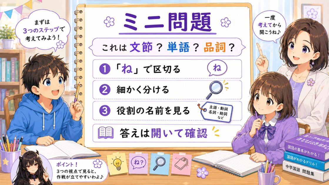 中学生向けに文節・単語・品詞を見分ける初歩ミニ問題をまとめたシート