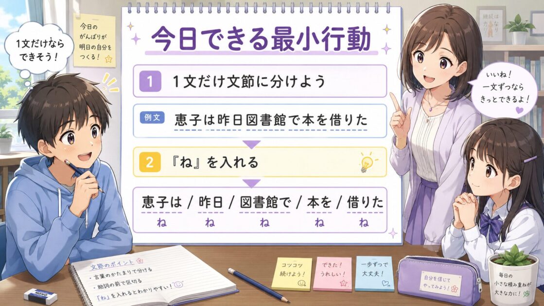 中学生向けに国語文法の最小行動として1文だけ文節に分ける練習を示したシート