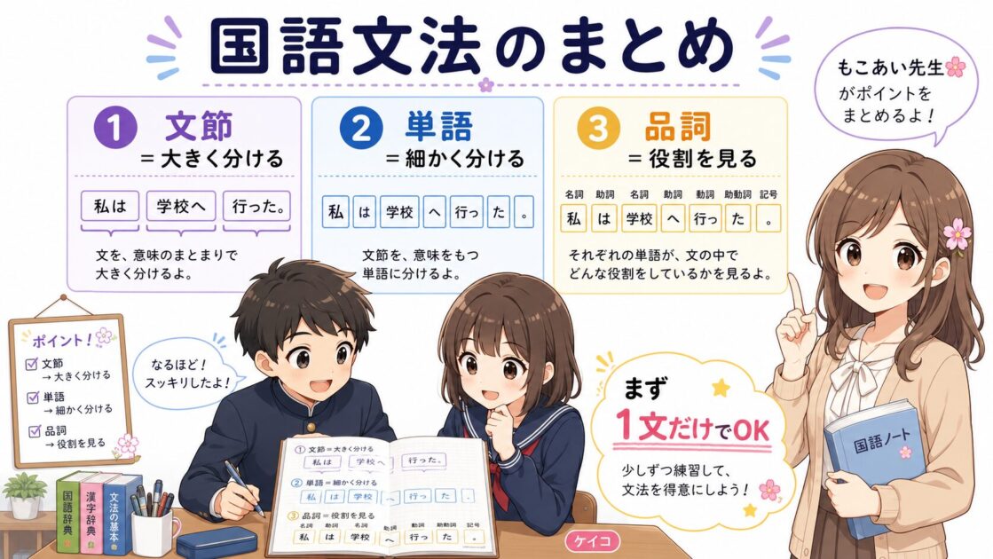 国語文法は文節・単語・品詞の順番で見ると整理しやすいことをまとめた図