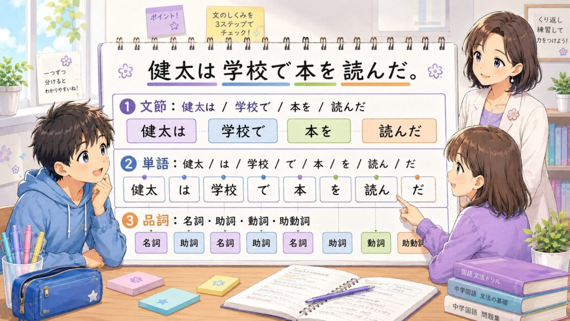 健太は学校で本を読んだという文を文節・単語・品詞の3段階で分けて示した図