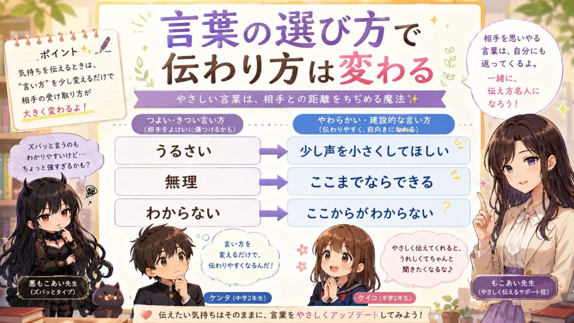 うるさいを少し声を小さくしてほしいに言い換えるなど言葉選びの大切さを示す図
