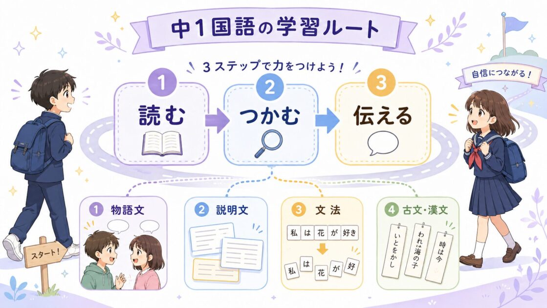 中学1年国語を読む・つかむ・伝えるの順に進め、物語文・説明文・文法・古文へ広げる学習ルート図