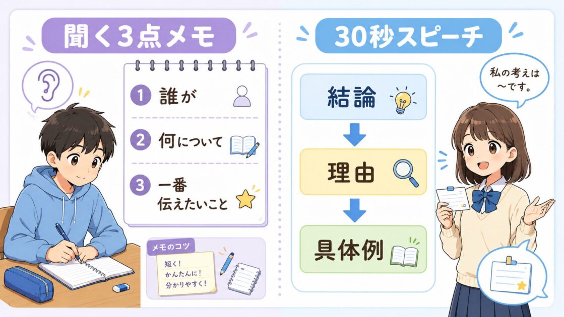 中学国語の聞く学習で使う3点メモと30秒スピーチの型を示す図解
