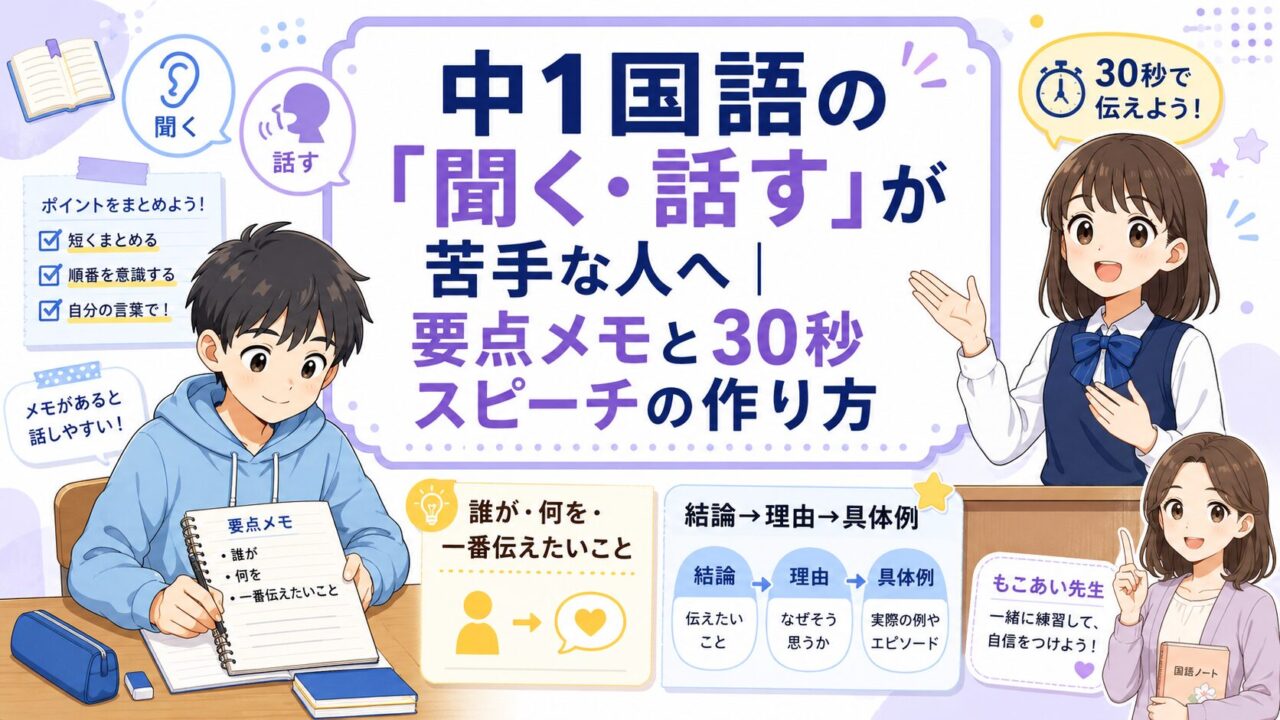 中1国語の聞く・話すが苦手な人向けに、要点メモと30秒スピーチの作り方を紹介するアイキャッチ画像