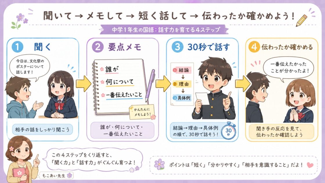 中1国語の聞く・話すで、聞く・メモする・話す・確かめる流れを示した図
