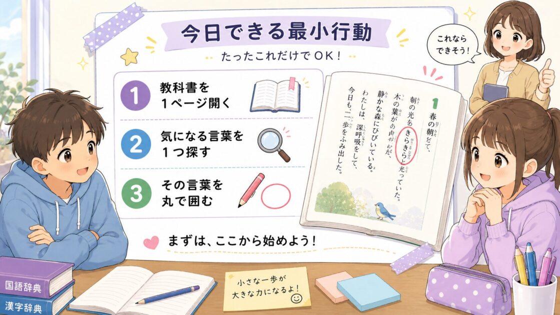 中学1年国語の最小行動として教科書の気になる言葉を一つ丸で囲むチェックシート