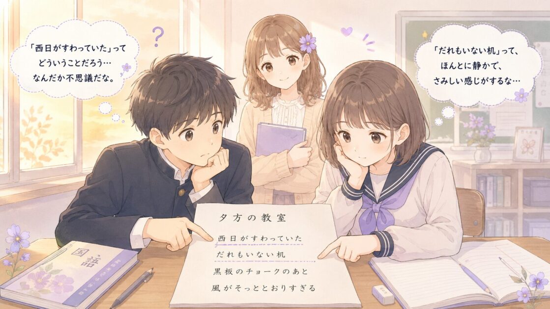 夕方の教室の詩を読み、健太は不思議な表現に、恵子は静けさに注目している中学生の図