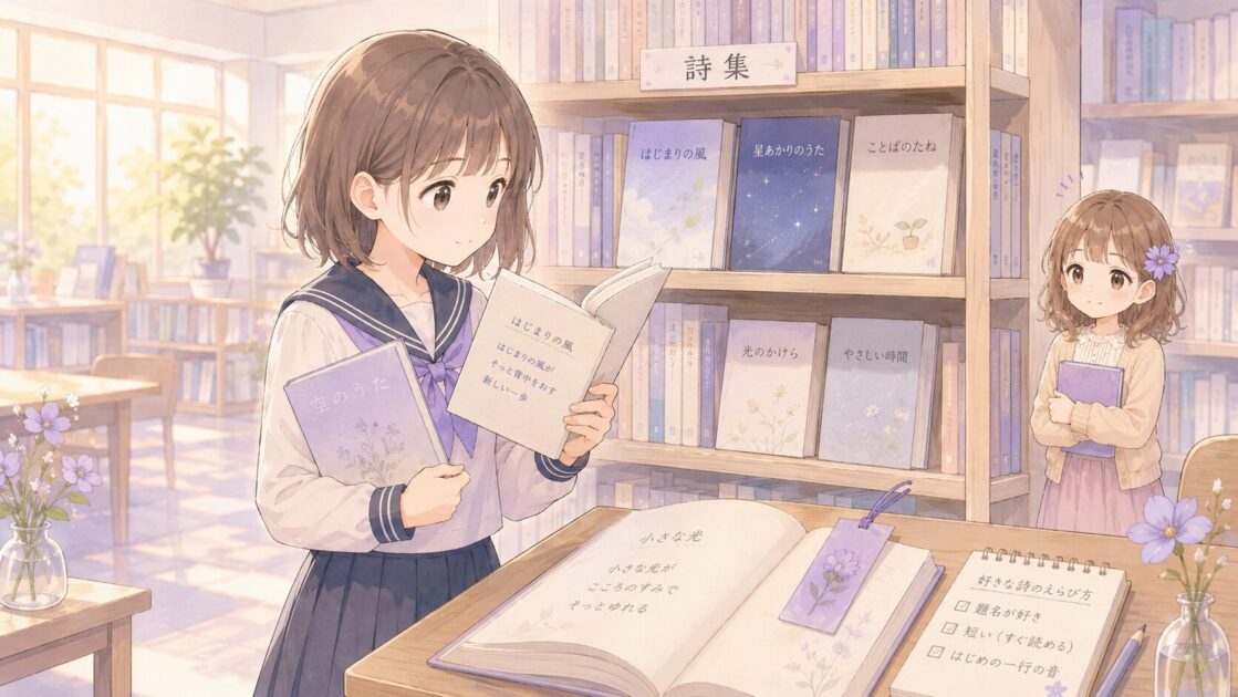 図書館で題名や最初の一行を見ながら自分に合う詩集を探す中学生の様子