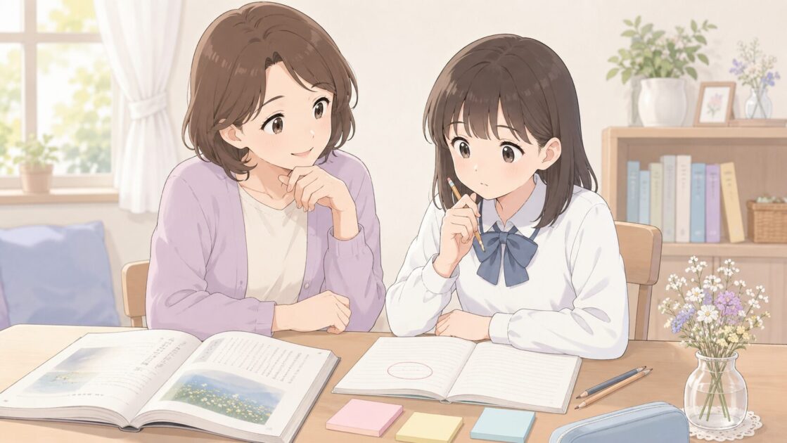 保護者が中学生に詩の答えを教えるのではなく気になる言葉を聞いている様子