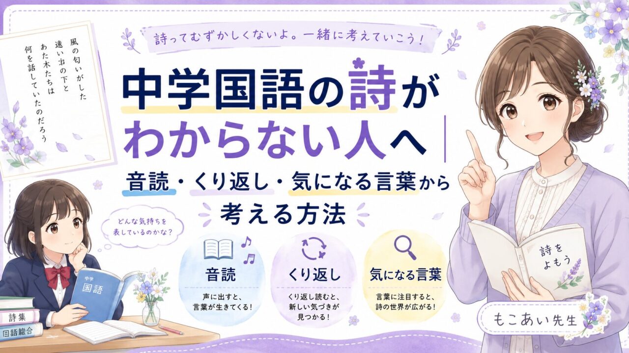 中学国語の詩を音読・くり返し・気になる言葉から考える方法を紹介するアイキャッチ画像