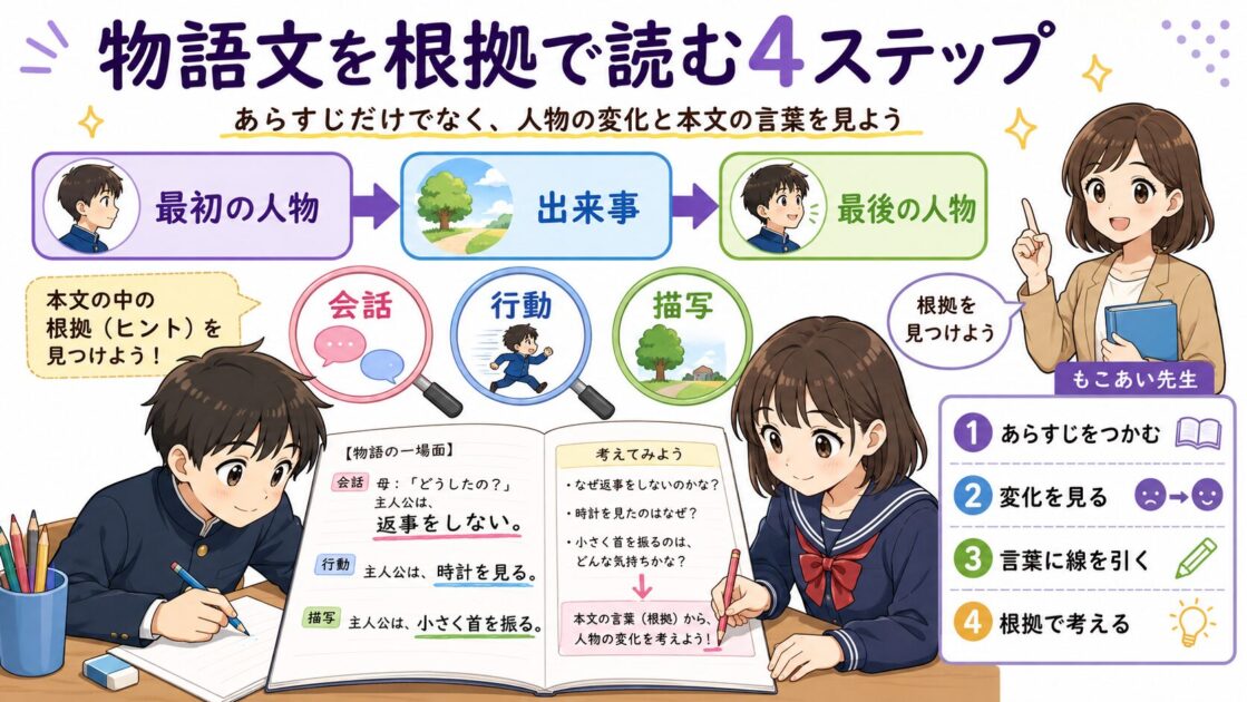 中学国語の物語文で登場人物の変化と会話・行動・描写を根拠に読む方法を示す図