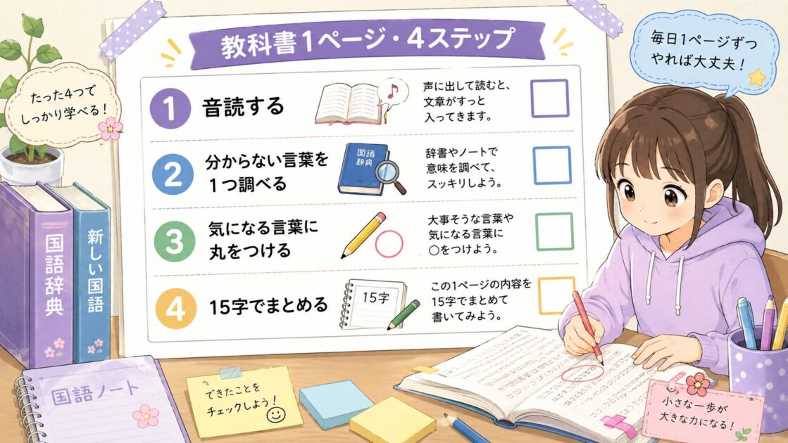 中学1年国語の家庭学習として教科書1ページを使う4ステップを示したチェックシート