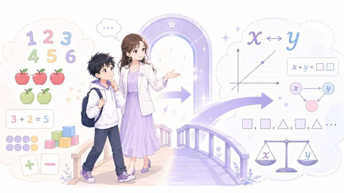 算数モードから数学モードへ切り替わることで中学数学の見方が変わることを示した比較図