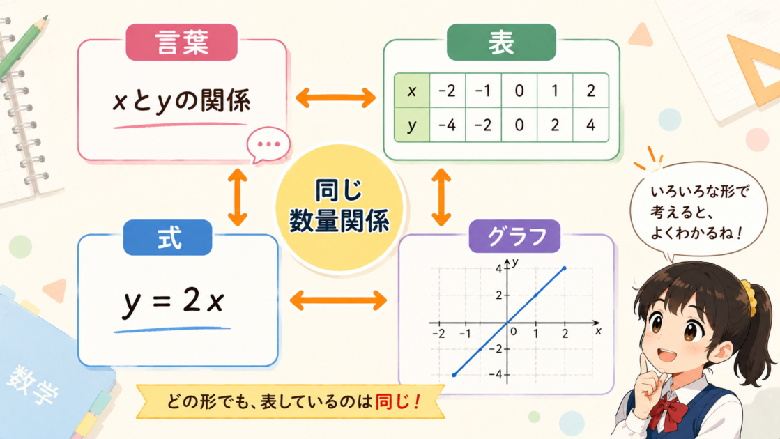 言葉・表・式・グラフが同じ数量関係を別々の方法で表していることを示した図。