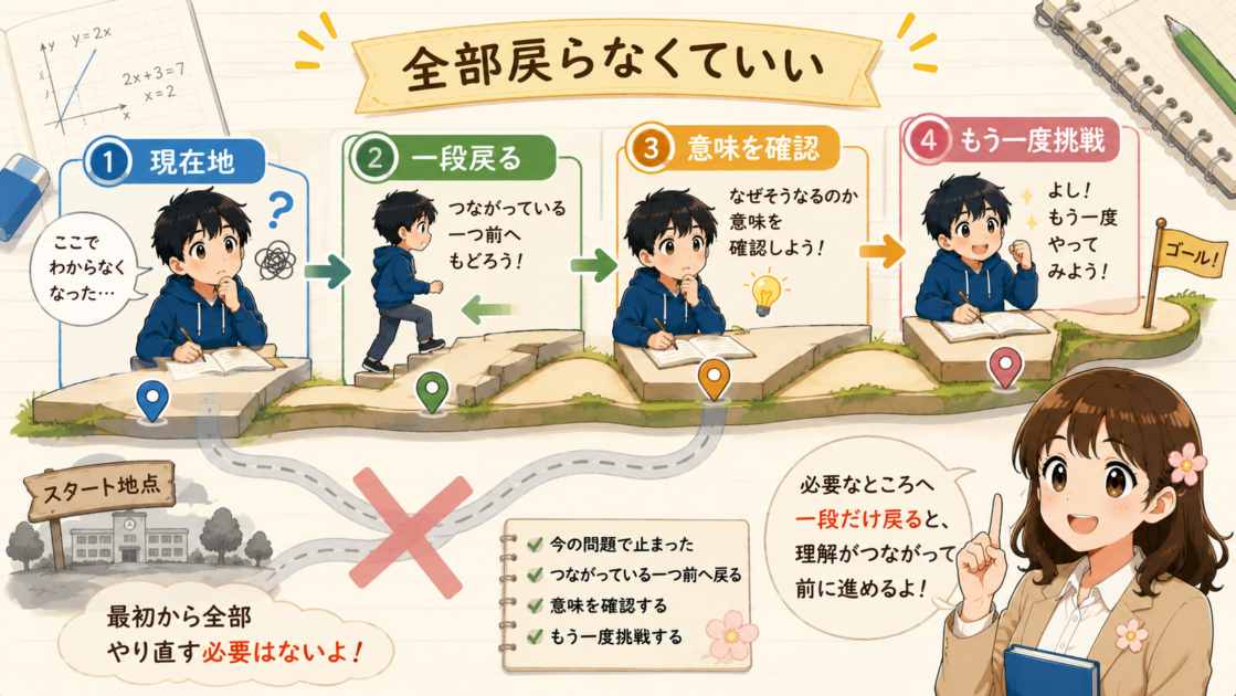 正負の数、文字式、一次方程式、比例・反比例、連立方程式から自分のつまずきに合う記事を選ぶ中学数学シリーズのロードマップ。