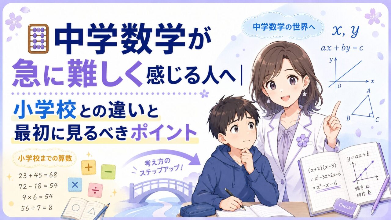 中学数学が急に難しく感じる人に向けて小学校との違いと最初に見るべきポイントを示したアイキャッチ