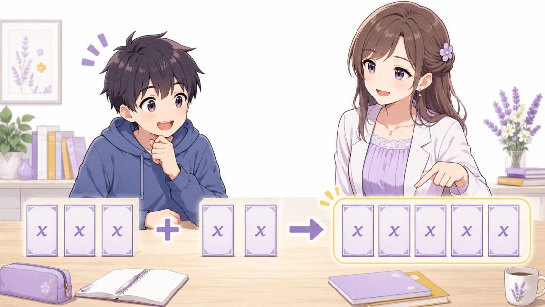 3xと2xを同じ種類のまとまりとして考え5xになる理由を示した文字式の図解