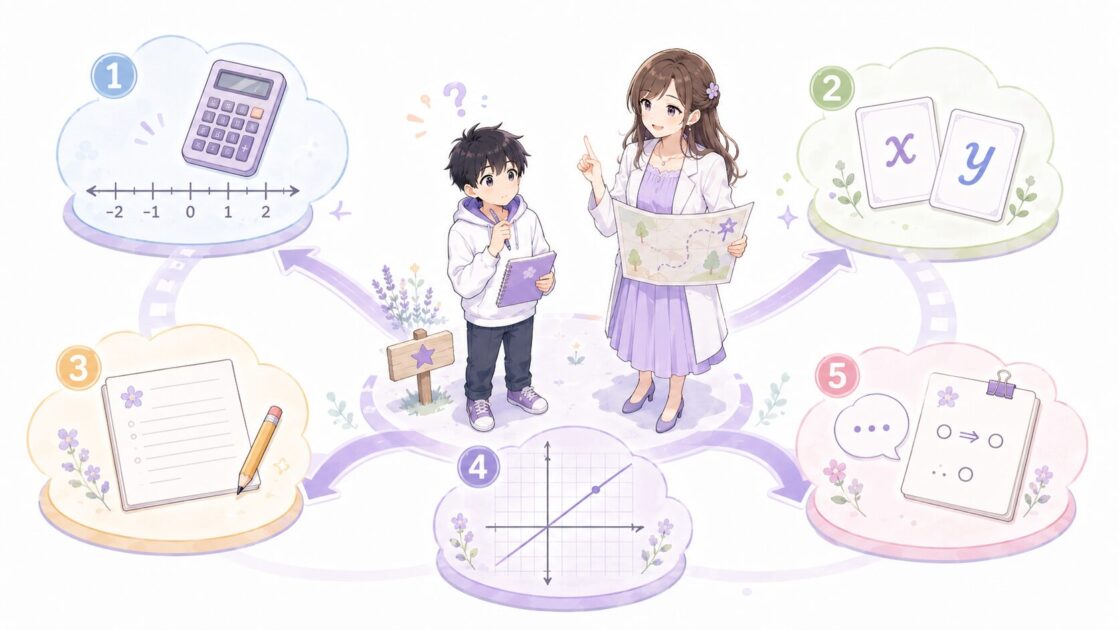 中学数学で計算・文字・文章・グラフ・説明のどこで止まっているかを見つける数学迷子マップ