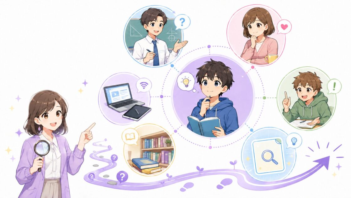 中学生が数学で止まったときに先生・保護者・友達・端末・図書館・AIを使い分ける質問力マップ