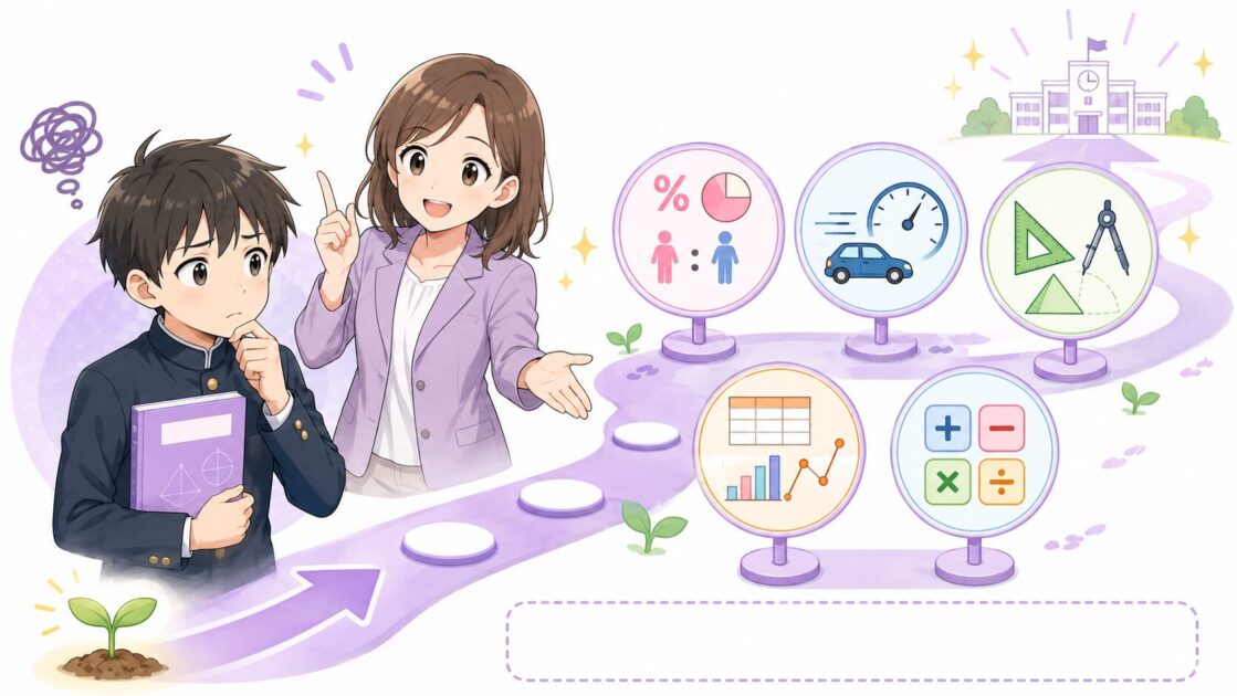 中学数学のつまずきから小学校算数のどこへ戻るとよいかを示した復習入口マップ