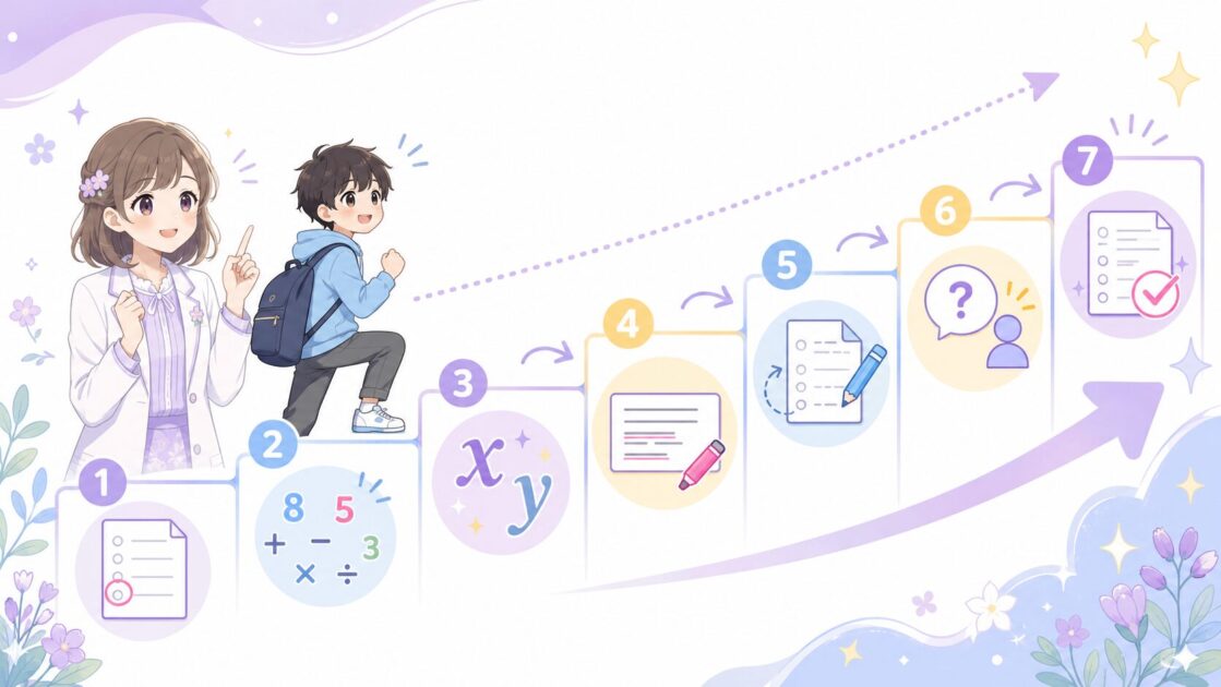 中学数学を7日間で小さく立て直すための復習プランを示した保存用ミニシート