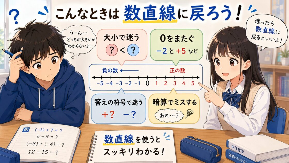 正負の数で数直線に戻るべきタイミングを大小・0またぎ・符号ミスに分けて示した図