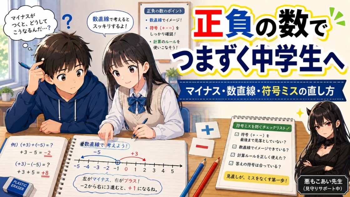 正負の数でつまずく中学生に向けてマイナス・数直線・符号ミスの直し方を示した導入図