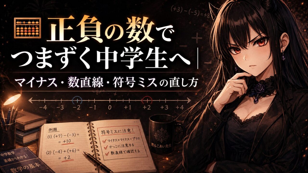 正負の数でつまずく中学生に向けてマイナス・数直線・符号ミスの直し方を示したアイキャッチ