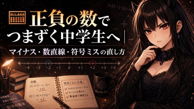正負の数でつまずく中学生に向けてマイナス・数直線・符号ミスの直し方を示したアイキャッチ