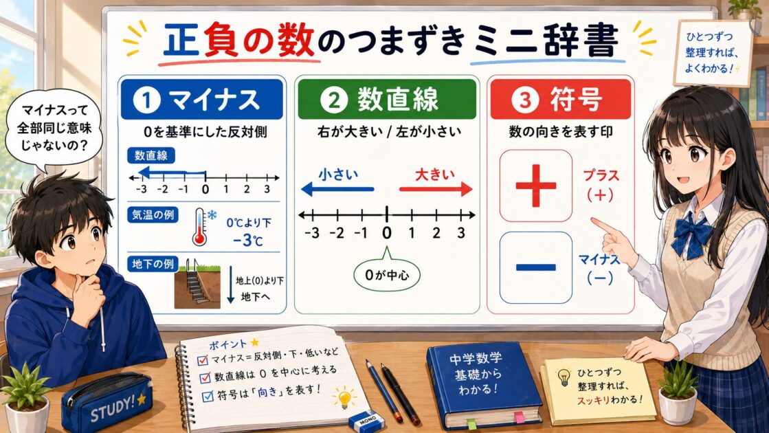 正負の数で使うマイナス・数直線・符号の意味を中学生向けに整理したミニ辞書図
