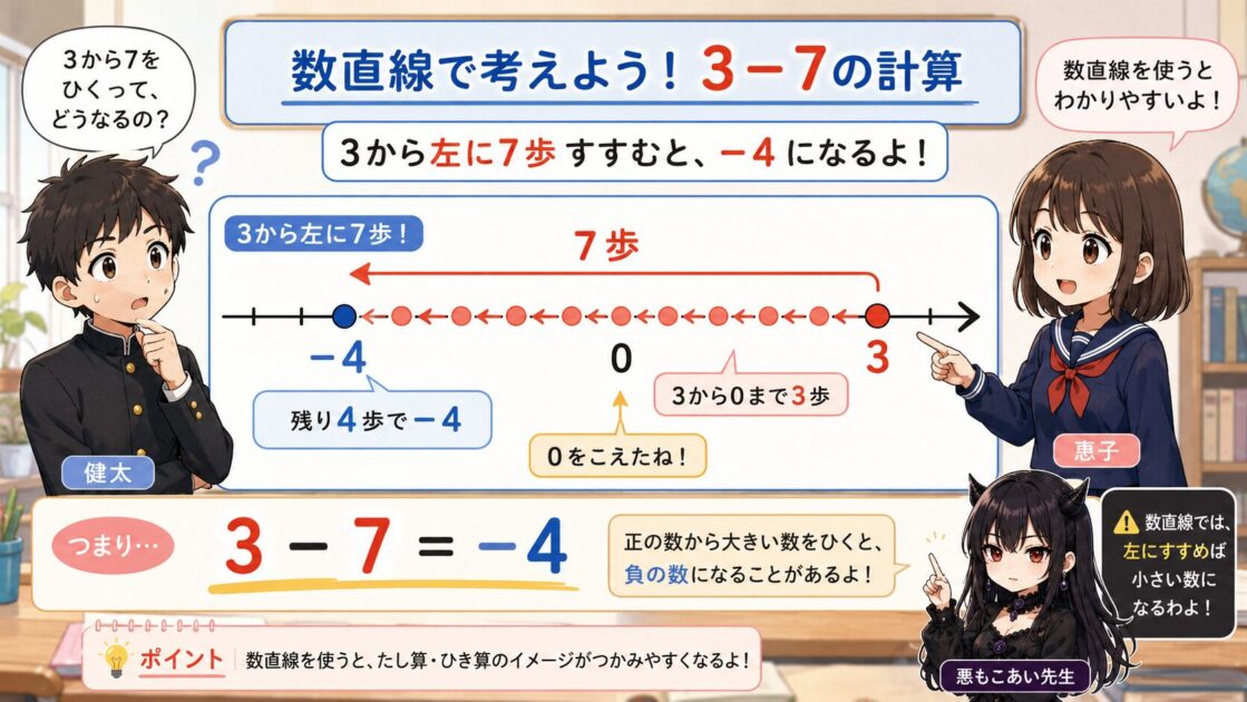 3から7を引くときに数直線で0をまたいで-4になる流れを示した図