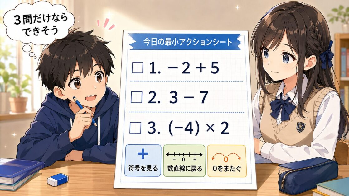 正負の数の最小行動として-2+5・3-7・(-4)×2の3問を確認するシート